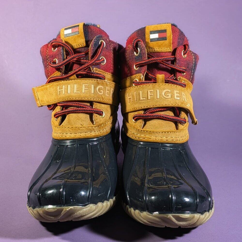 Tommy Hilfiger Duck Boots Brown Tan Leather Red Plaid W/ Strap Women's size 6 - Picture 3 of 7